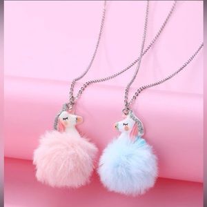 2pcs Toddler Girls' Cute Plush Ball & Resin Unicorn Pendant Necklaces For Autumn